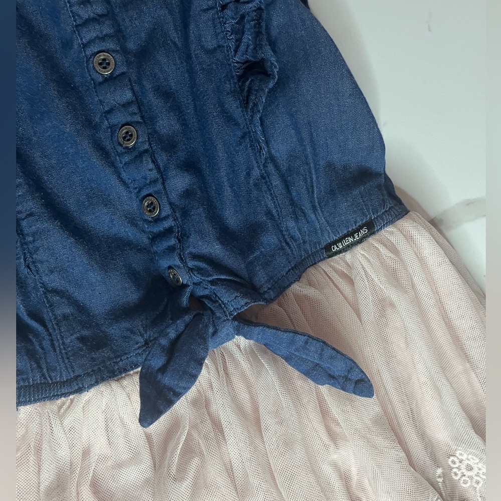 Calvin Klein Jeans Faux Denim Bodice Blush Pink Lace Tiered Dress Size Girls 8